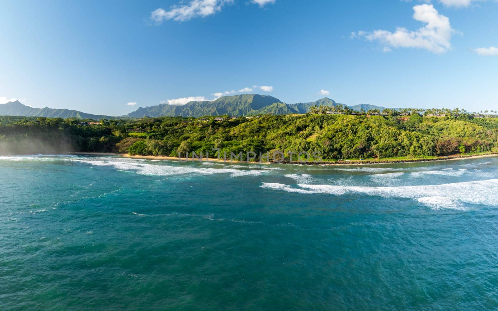 Aerial view of Anini and Kalihiwai beaches on North coast of Kauai