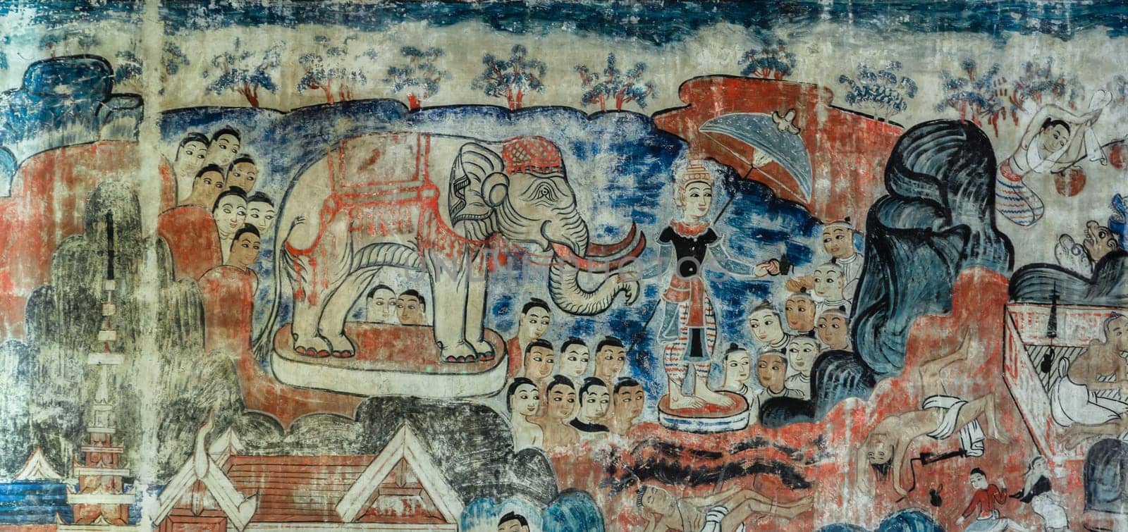 CHIANG MAI,THAILAND - OCTOBER 29, 2014 : Ancient Thai Lanna style mural painting of the life story of Buddha inside of Wat Buak Krok Luang in Chiang Mai, Thailand