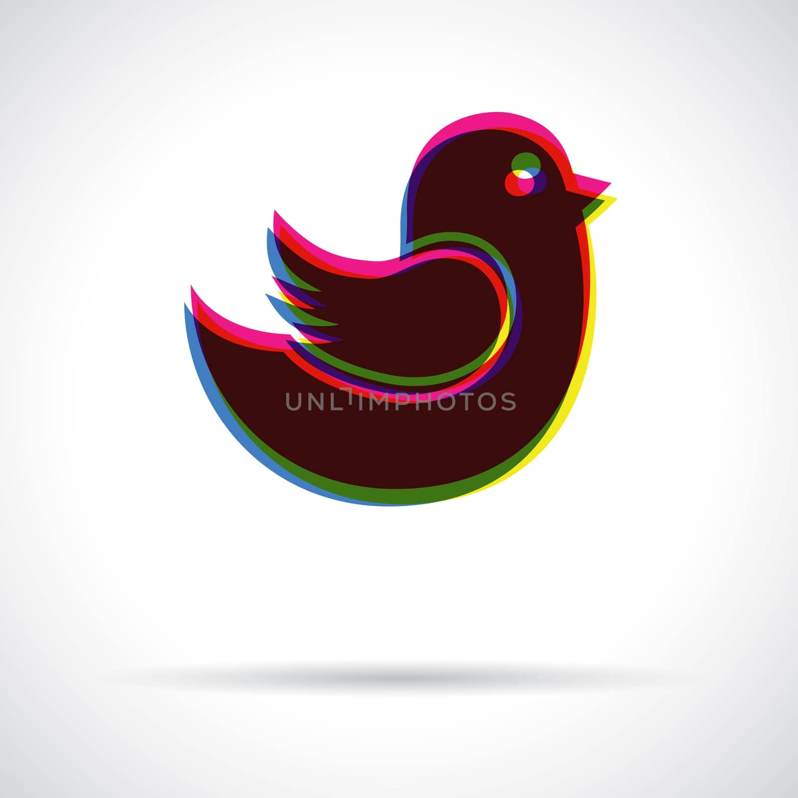 Bird icon. Anaglyph 3d symbol with shadow.