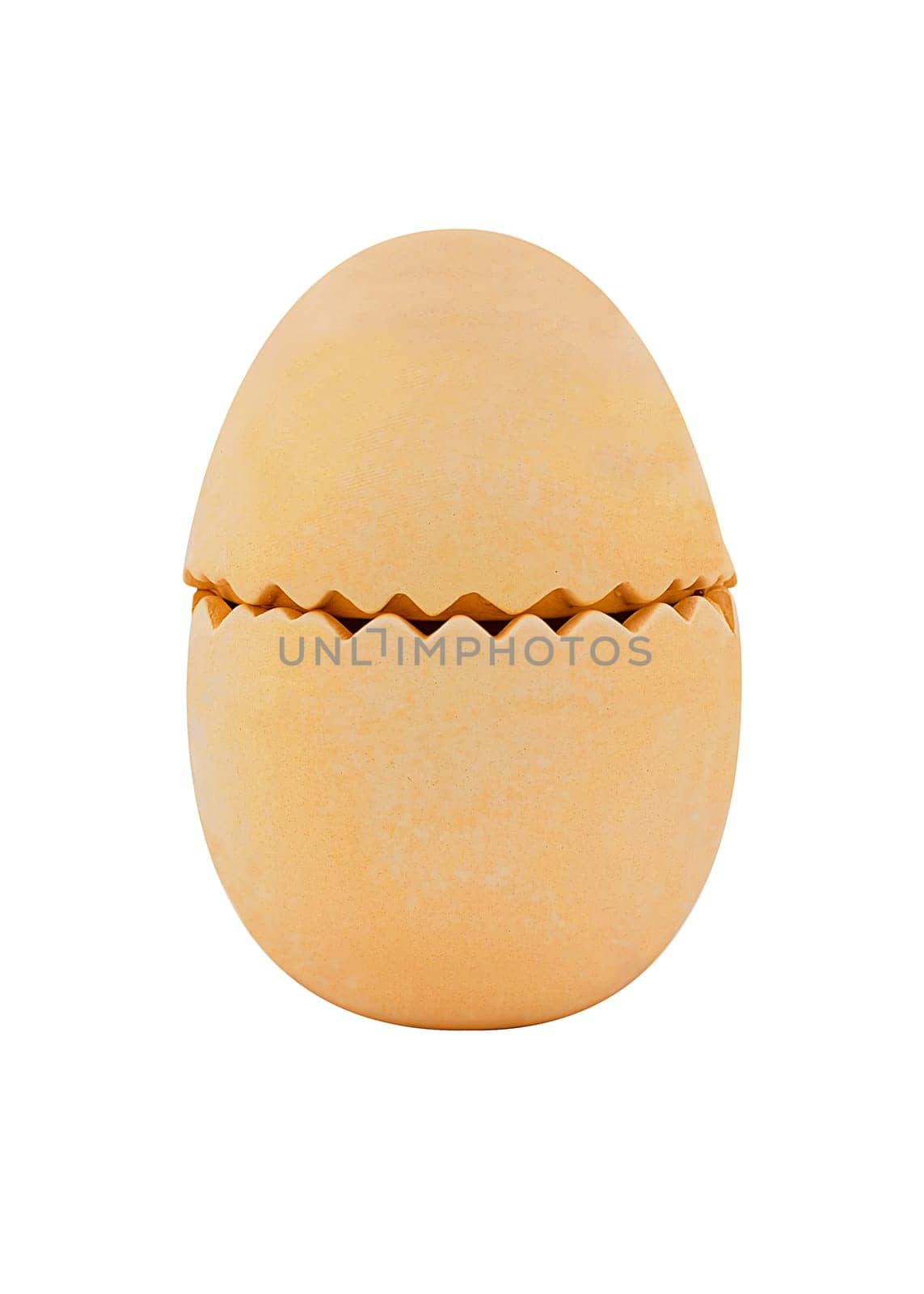 Closed one cracked large ceramic chicken egg, natural color, easter decoration isolated on white, standing, side view