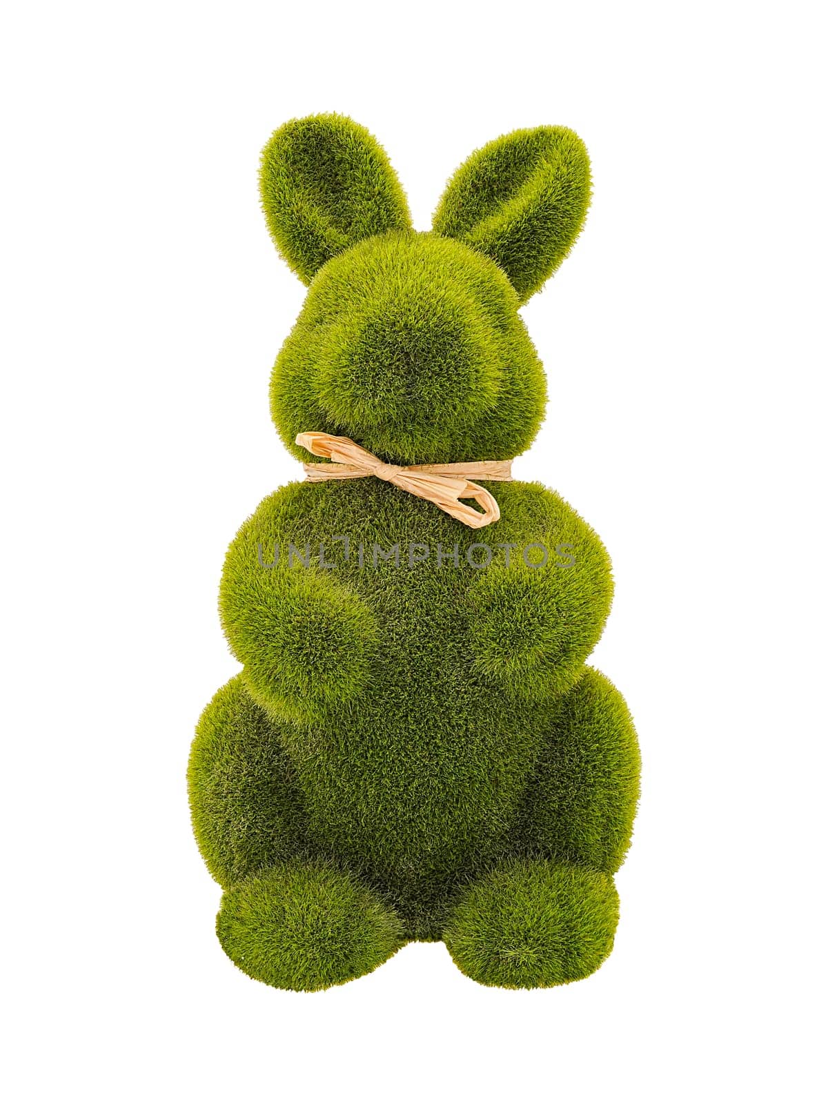 Big green sitting bunny easter decoration isolated on white, front view, made of fluffy grass, textured with bow