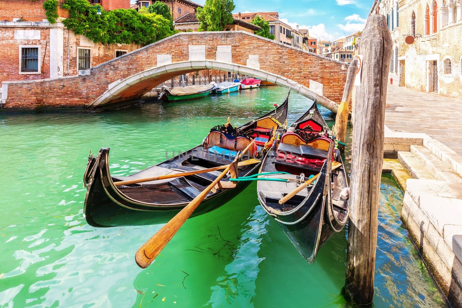 Gondolas moored in the Grand Canal of Venice, Italy.