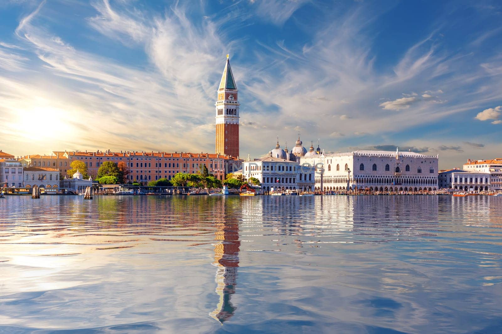 San Marco and Doge's Palace at sunset, view from the lagoon of Venice, Italy.