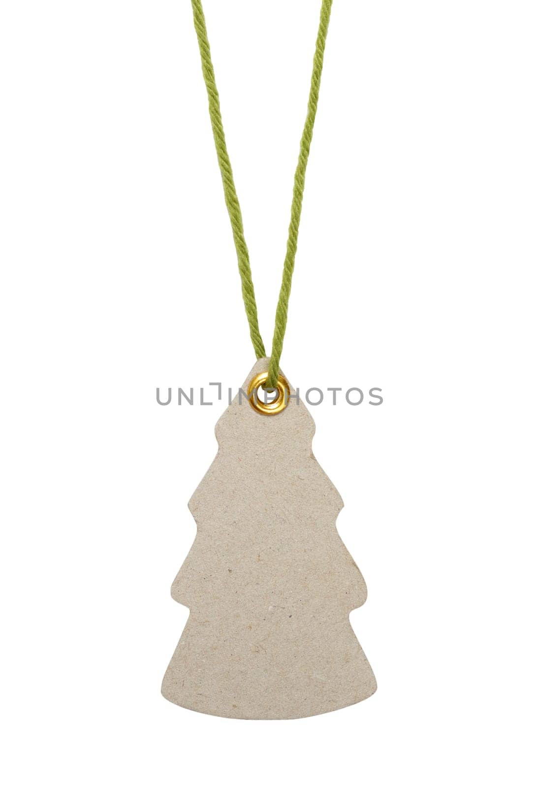 Christmas tree shaped tag on green string. Isolated on white.