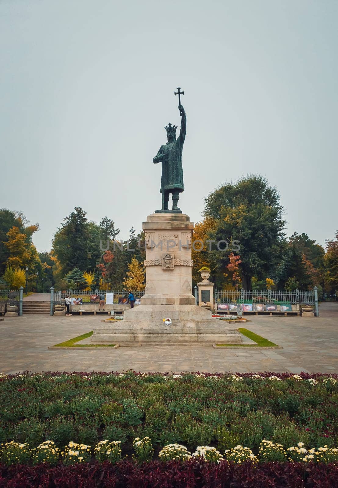 Stephen III The Great monument (Stefan cel Mare statue) in front of the park in a rainy autumn day, Chisinau city, Moldova..