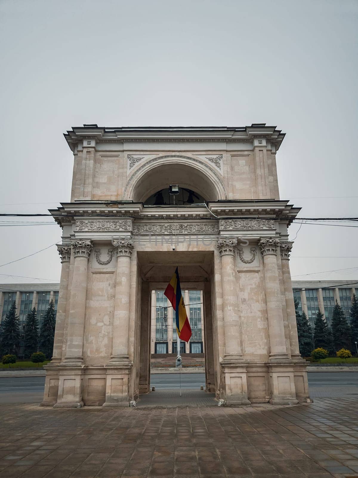 Close up view to the Triumphal Arch in front of the government building, Chisinau, Moldova. Historical landmarks of the capital city