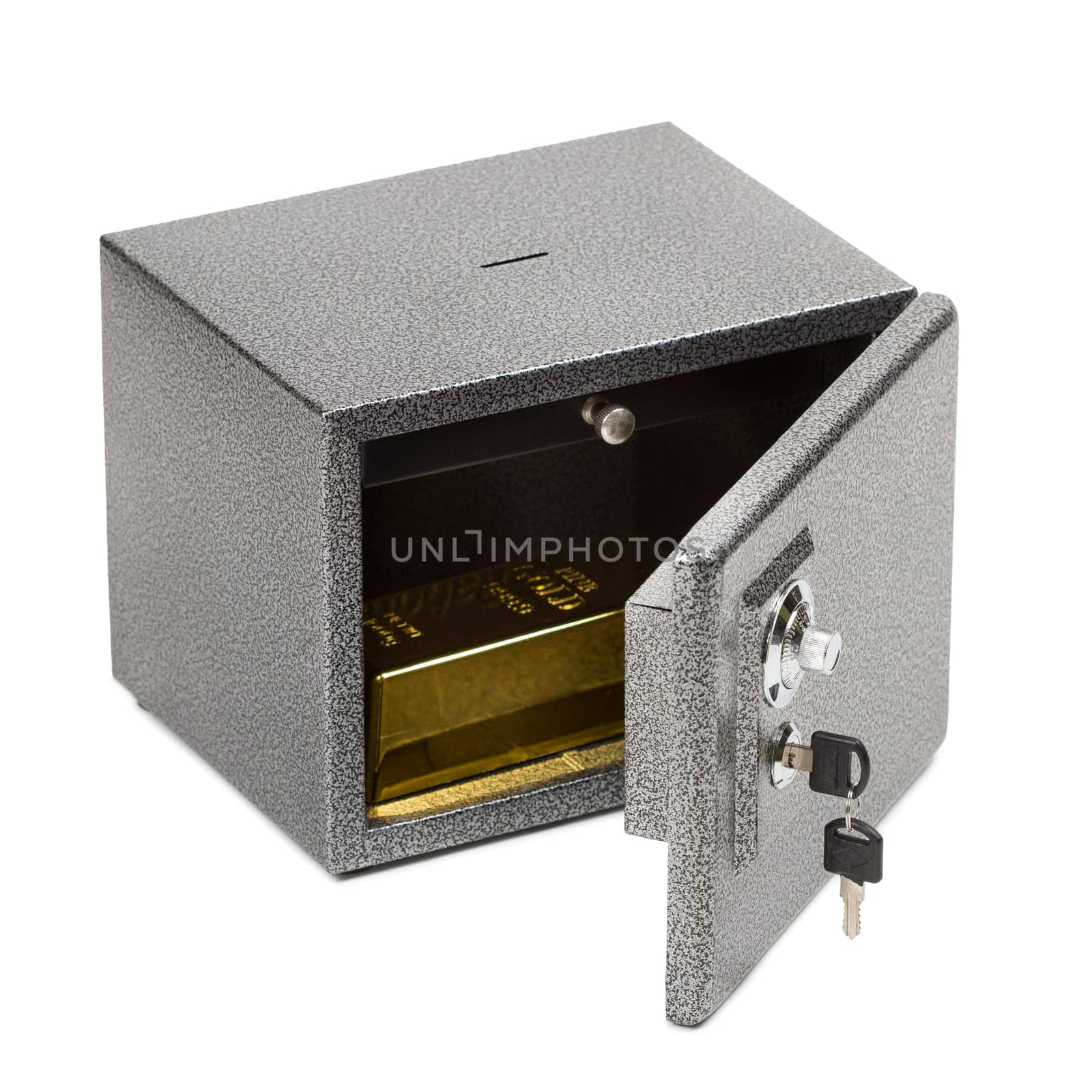 Opened safe with golden piece inside. Keeping the finances, money, gold safe concept. Isolated on white background