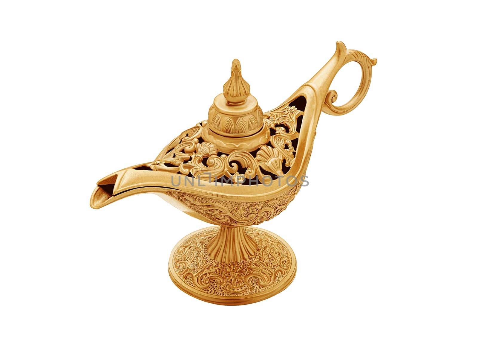 Golden color magic lamp in arabic oriental style isolated on white, top and side view