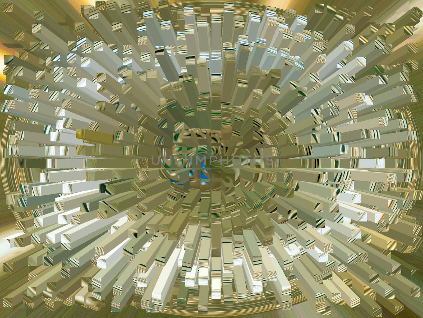 Abstract geometric illustration of a volumetric golden circle. Golden text. Geometric figure. Squares and rectangles. Abstract sphere. Template for text. Background image. Fantasy.