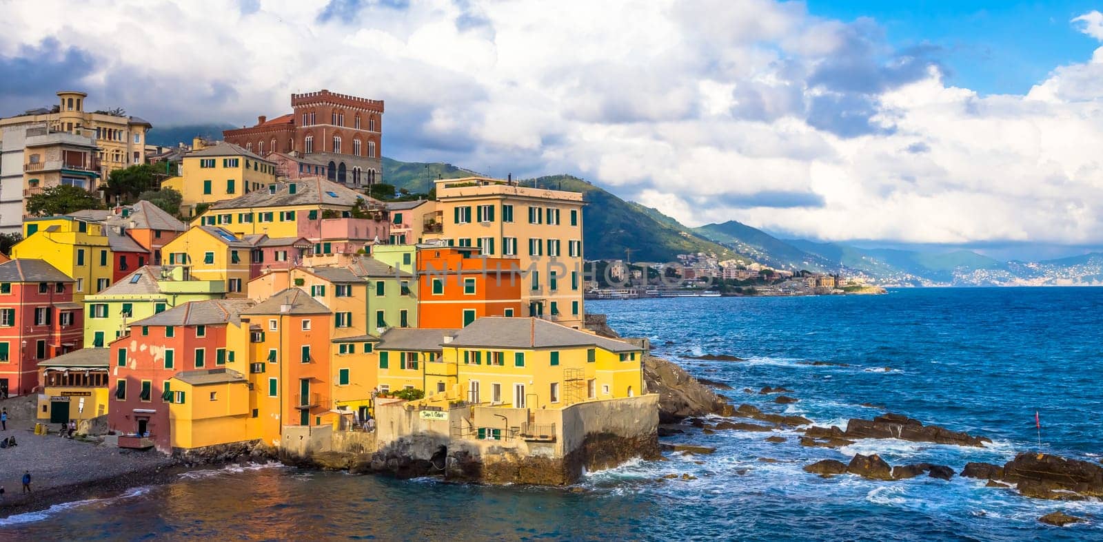 GENOA, ITALY - CIRCA AUGUST 2020: Boccadasse marina panorama, village on the Mediterranean sea with colourful houses.