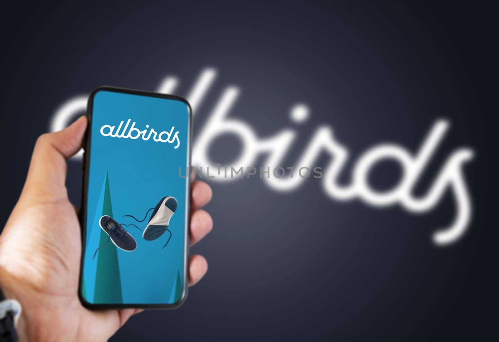 San Francisco, USA, October 2021: hand holding a phone with the Allbirds mobile app on the screen and the logo blurred on a blue background. Allbirds designs and sells footwear and apparel
