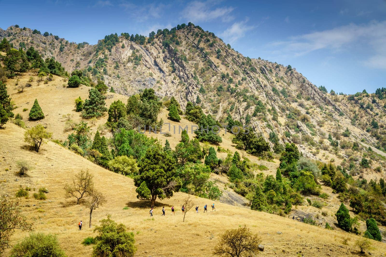 A group of tourists on a trail in Shirkent National Park in Tajikistan