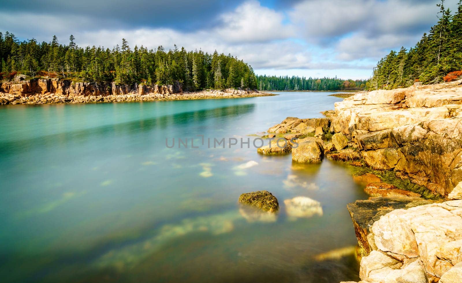 Long exposure image of Acadia National Park coastline in Maine