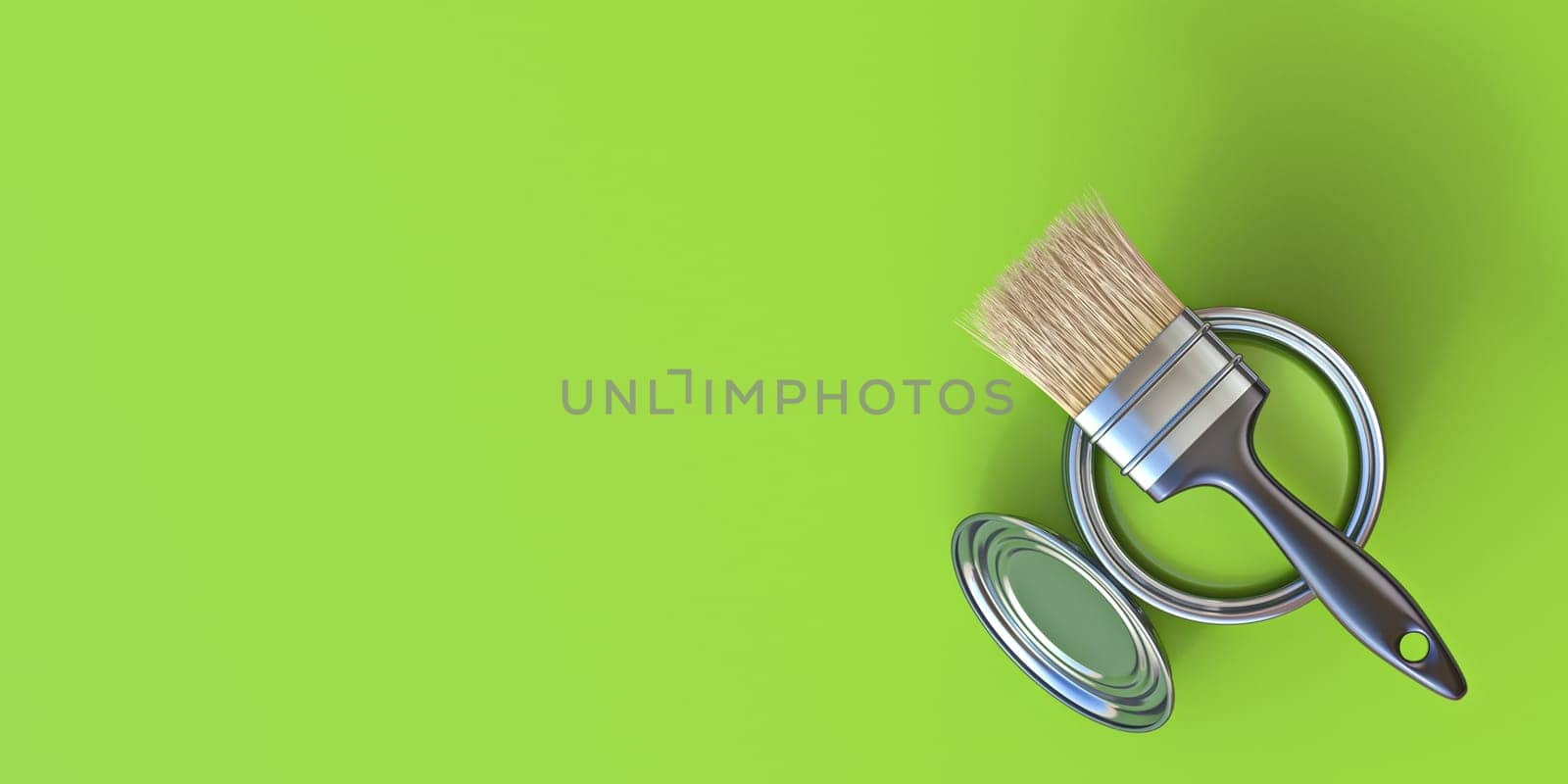 Paintbrush on top of paint bucket with green paint 3D rendering illustration isolated on green background