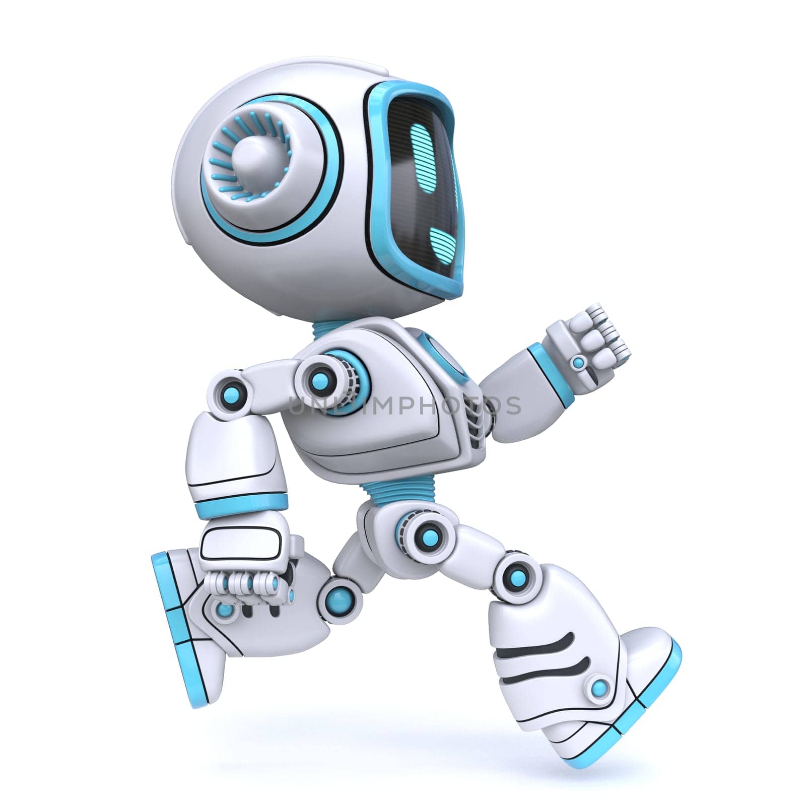 Cute blue robot running 3D rendering illustration isolated on white background