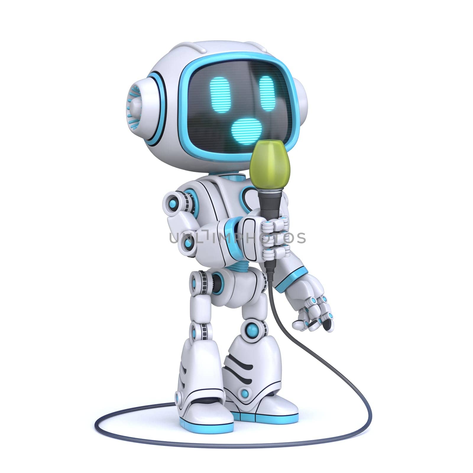Cute blue robot singing 3D rendering illustration isolated on white background