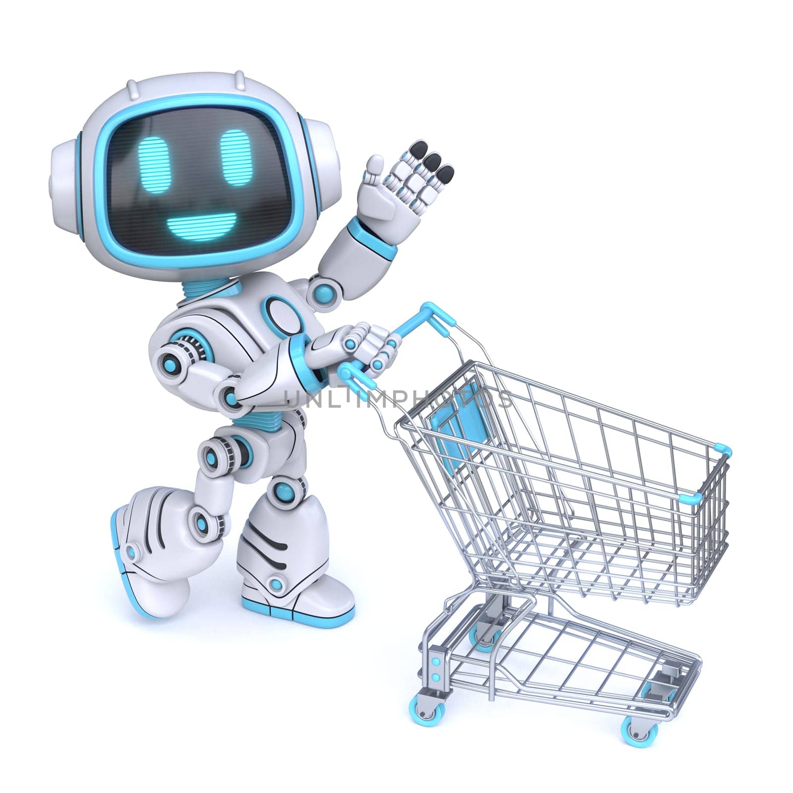 Cute blue robot push empty shopping cart 3D rendering illustration isolated on white background
