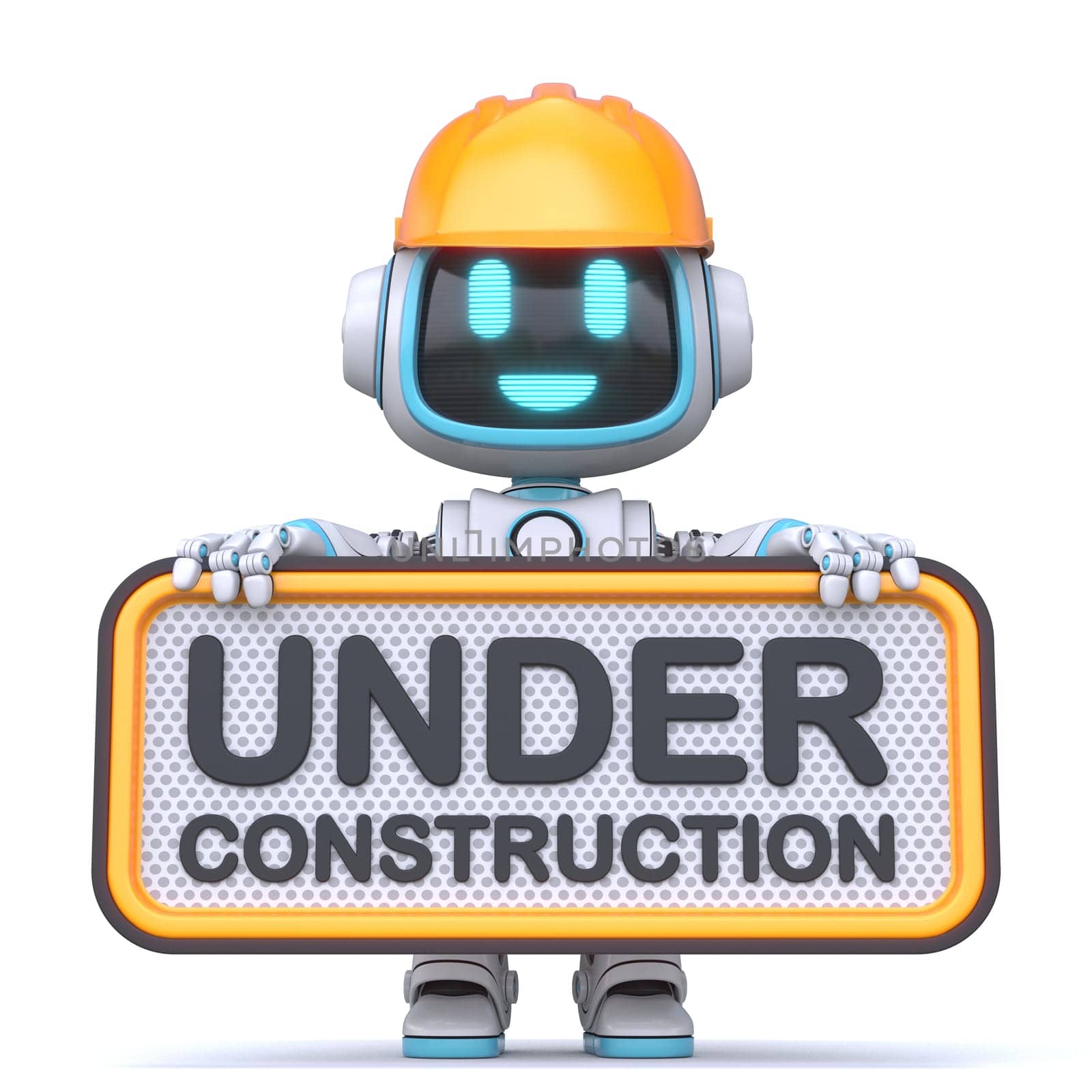 Cute blue robot hold under construction sign 3D rendering illustration isolated on white background