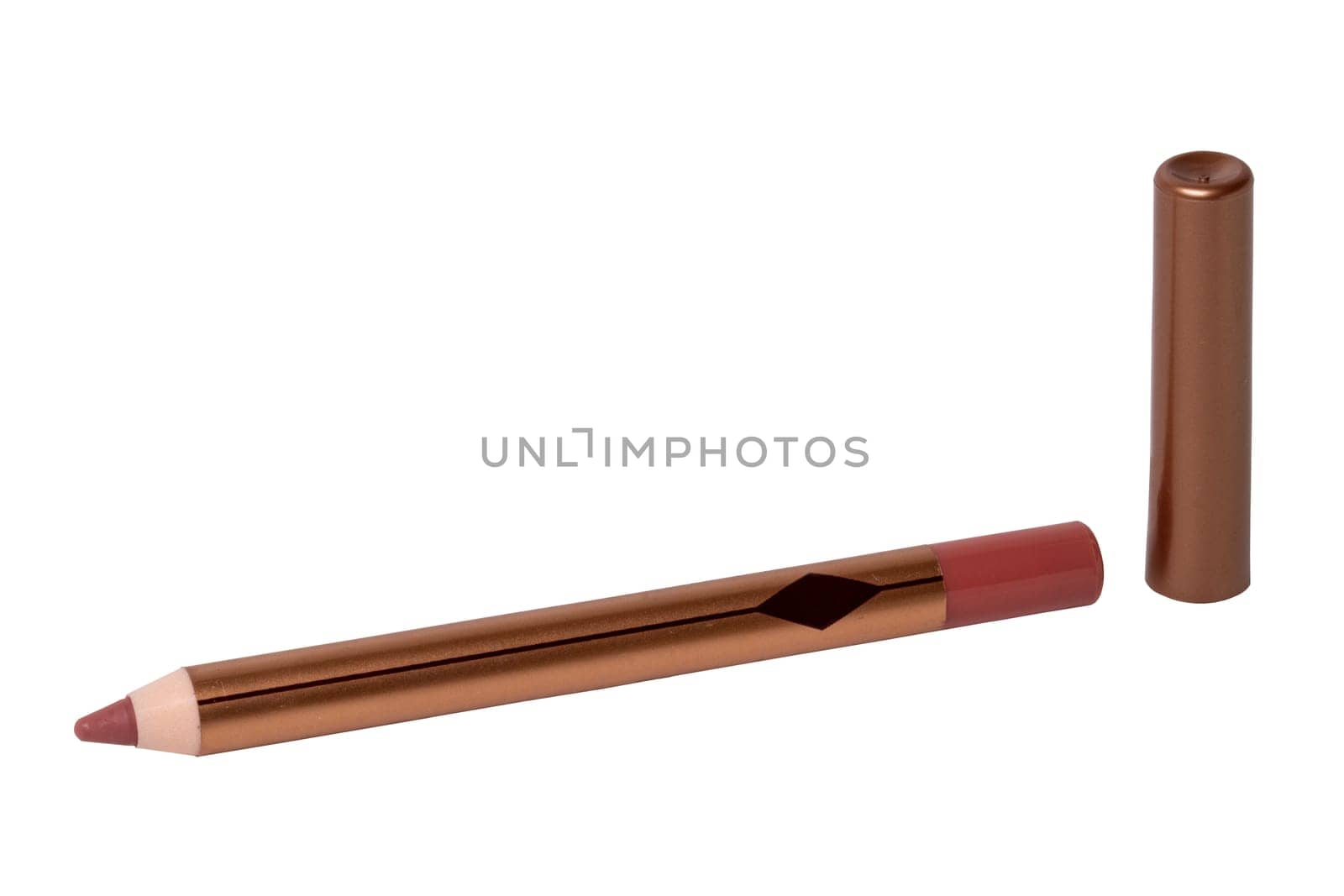 Cosmetic tools. Macro photograph of a professional brown lip liner pencil isolated on a white background. Beauty concept.