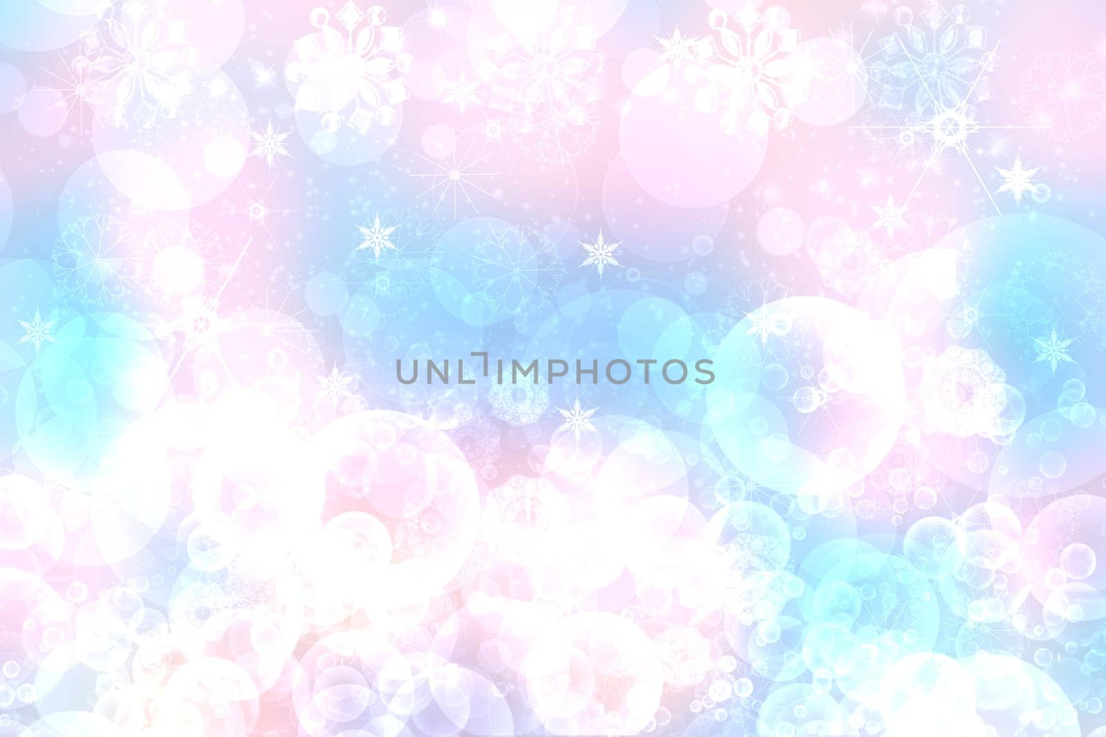 Christmas card template. Abstract festive light blue pink winter christmas or New Year background texture with shiny pink and white bokeh lighted stars. Space for design.