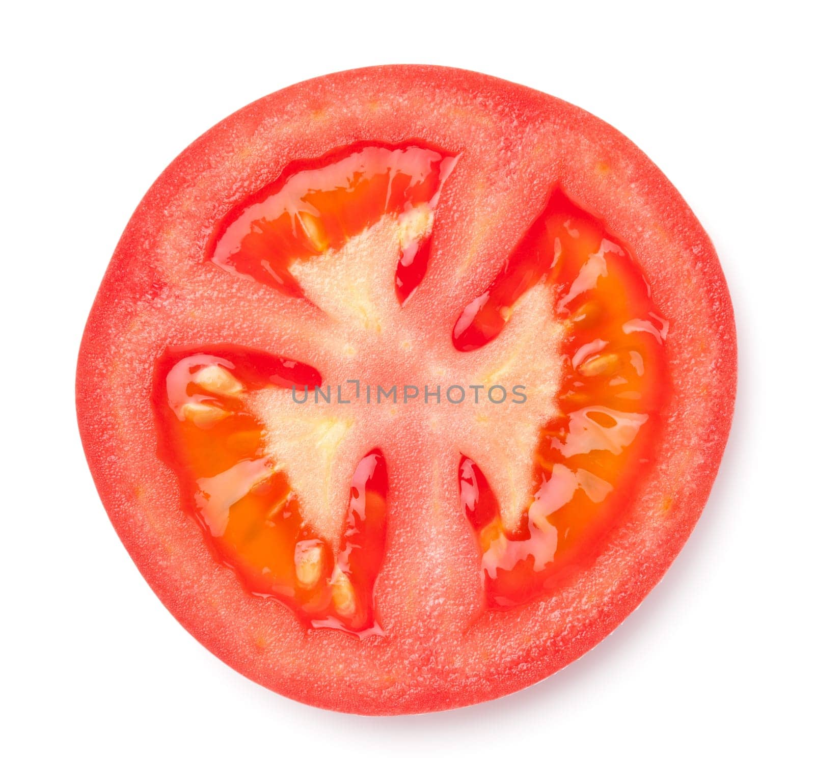 Tomato slice isolated over white background. Top view, flat lay