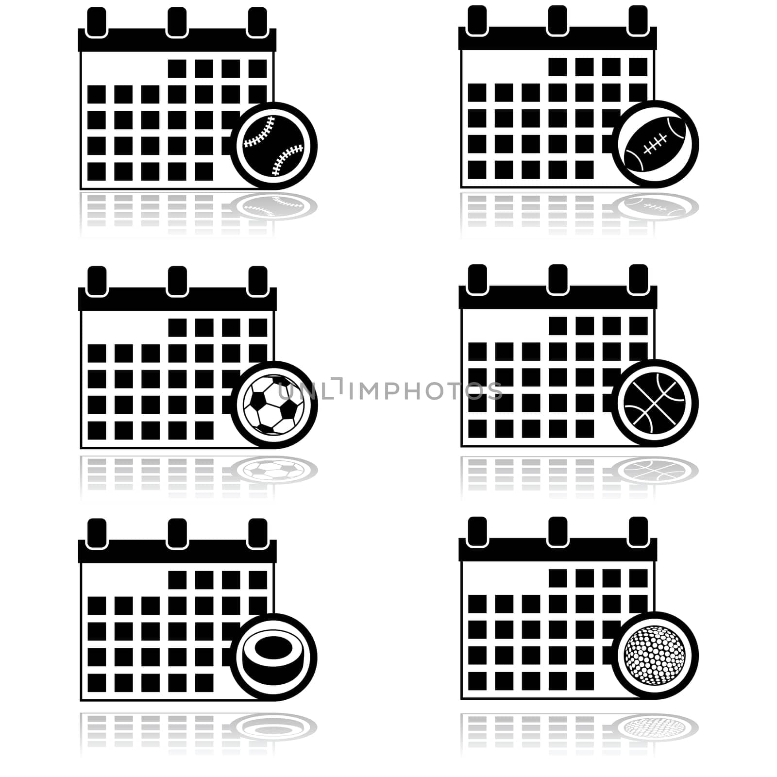 Icon set showing a calendar combined with different sports