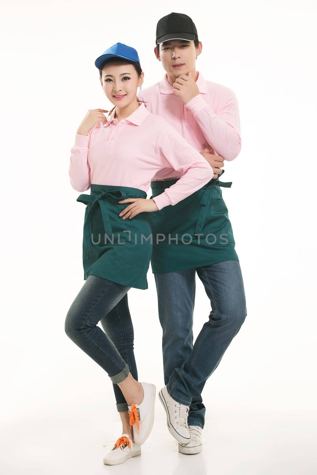 Wear clothing occupation Chinese waiters in white background