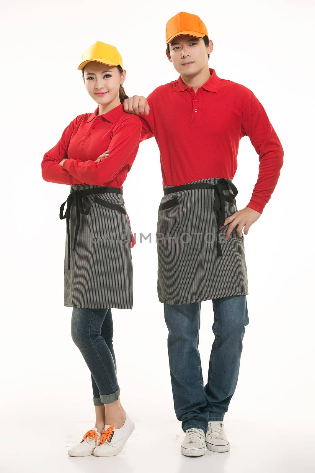 Wear clothing occupation Chinese waiters in white background