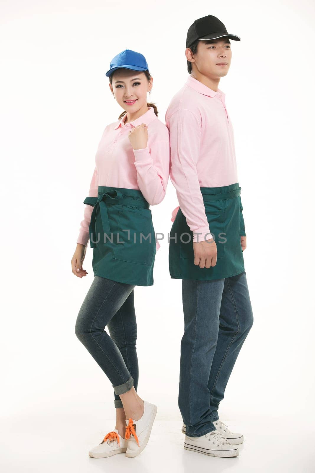 Wear clothing occupation Chinese waiters in white background