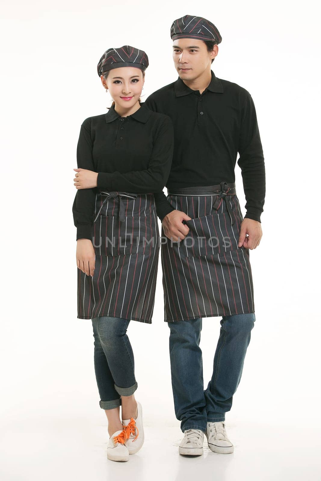 Wear clothing occupation Chinese waiters in white background