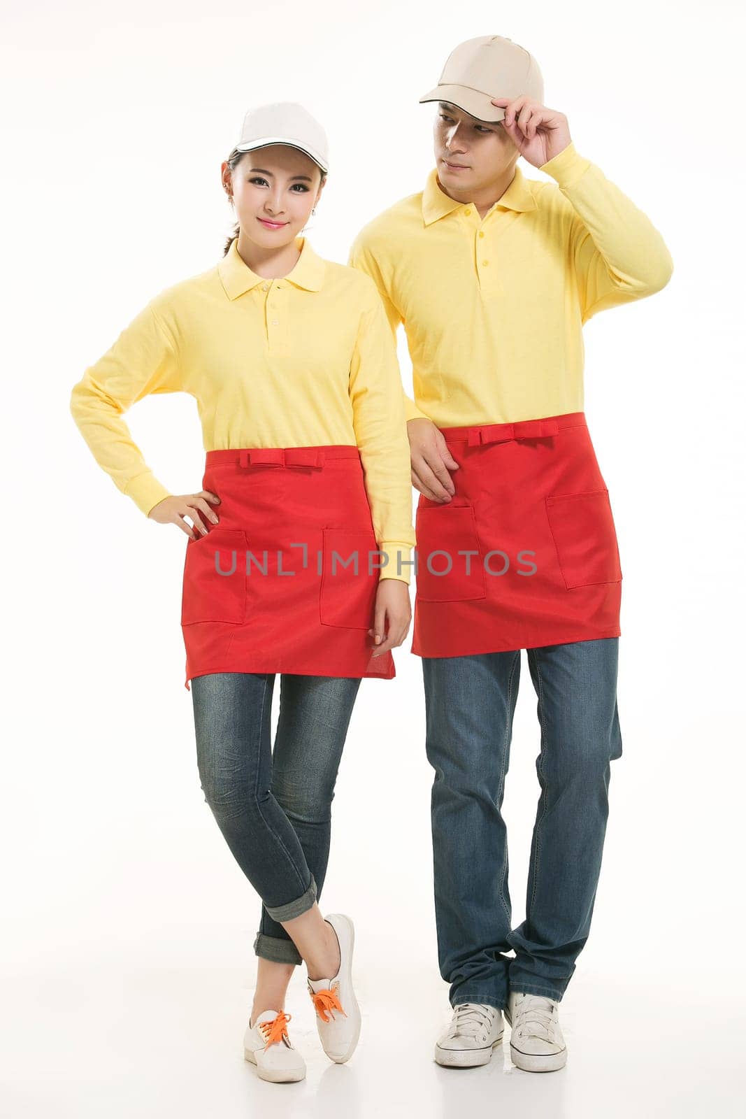 Wear clothing occupation Chinese waiters in white background