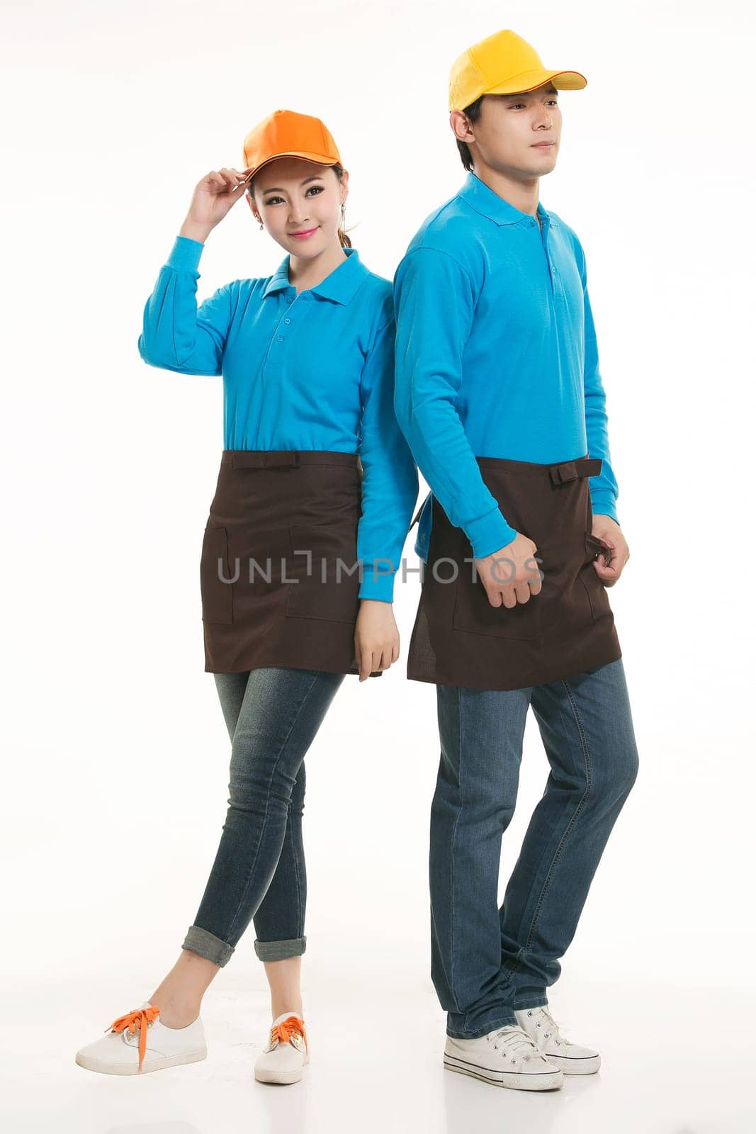 Wear clothing occupation Chinese waiters in white background
