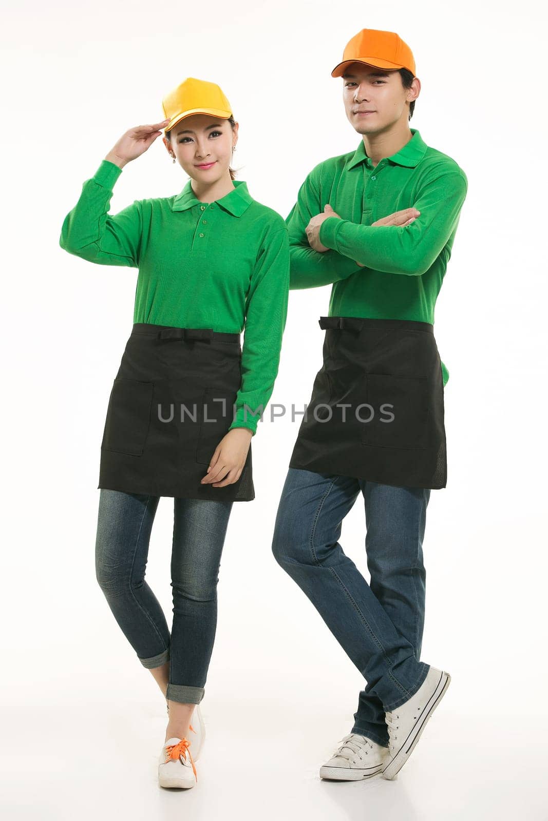 Wear clothing occupation Chinese waiters in white background