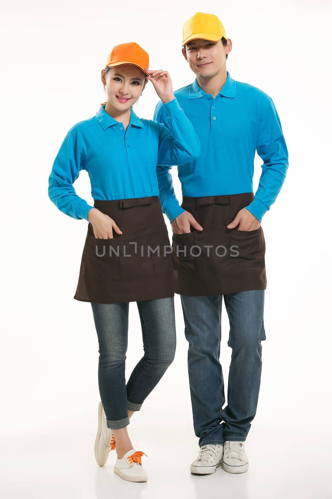 Wear clothing occupation Chinese waiters in white background