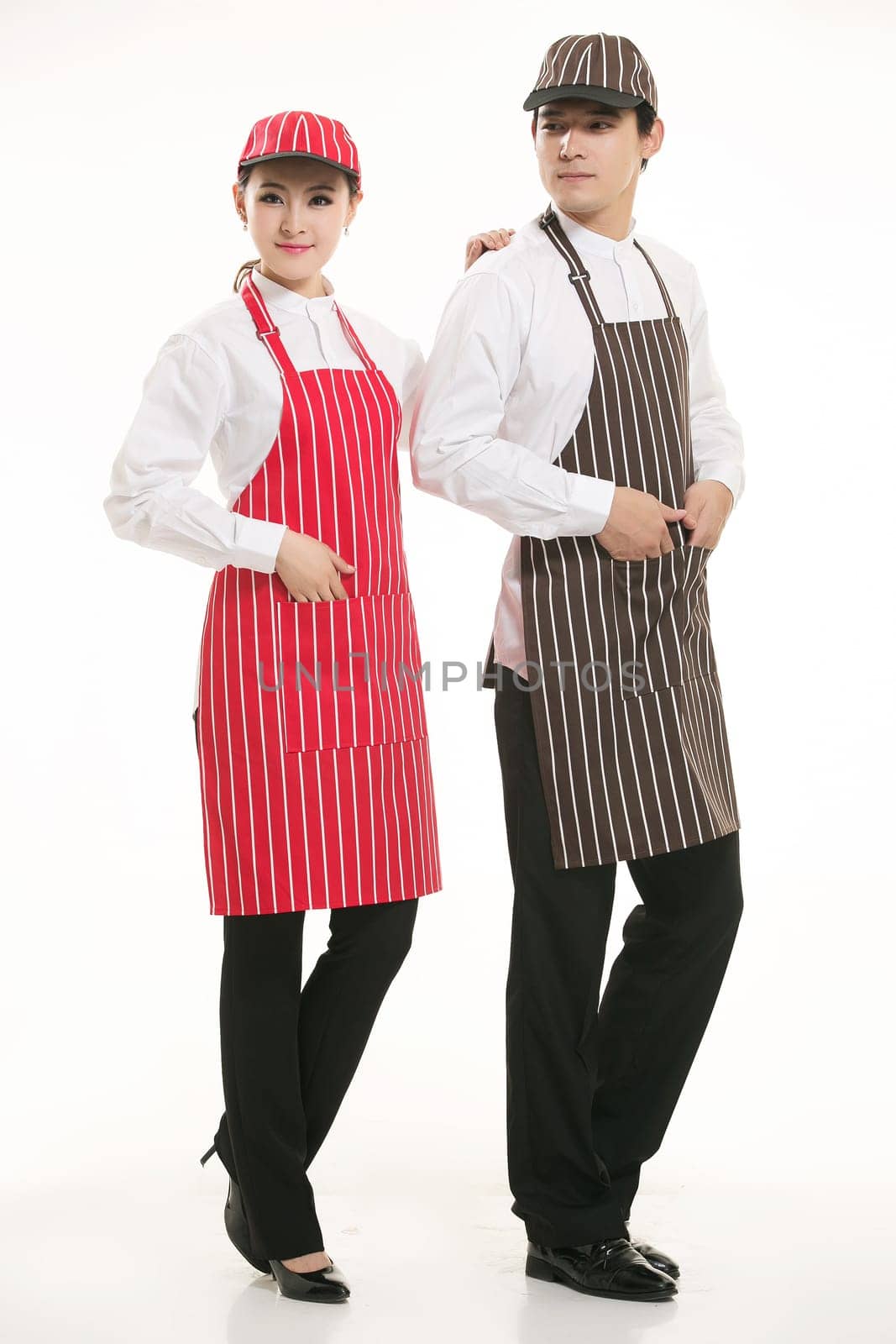 Wear clothing occupation Chinese waiters in white background