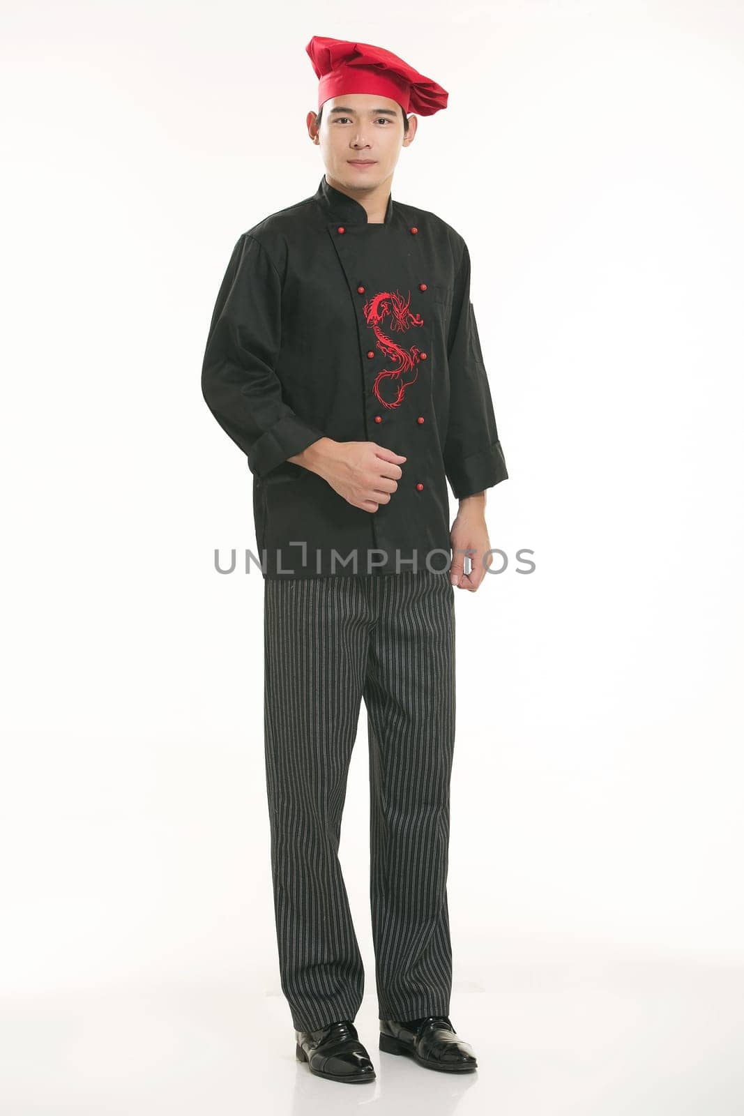 Wearing all kinds of clothing chef dietitian in front of white background