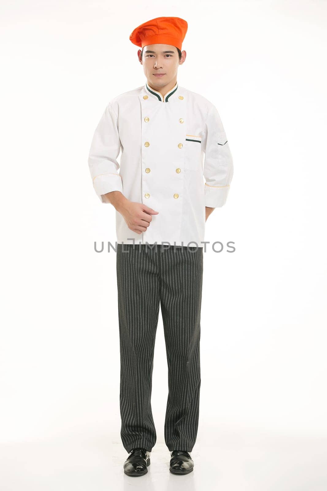 Wearing all kinds of clothing chef dietitian in front of white background