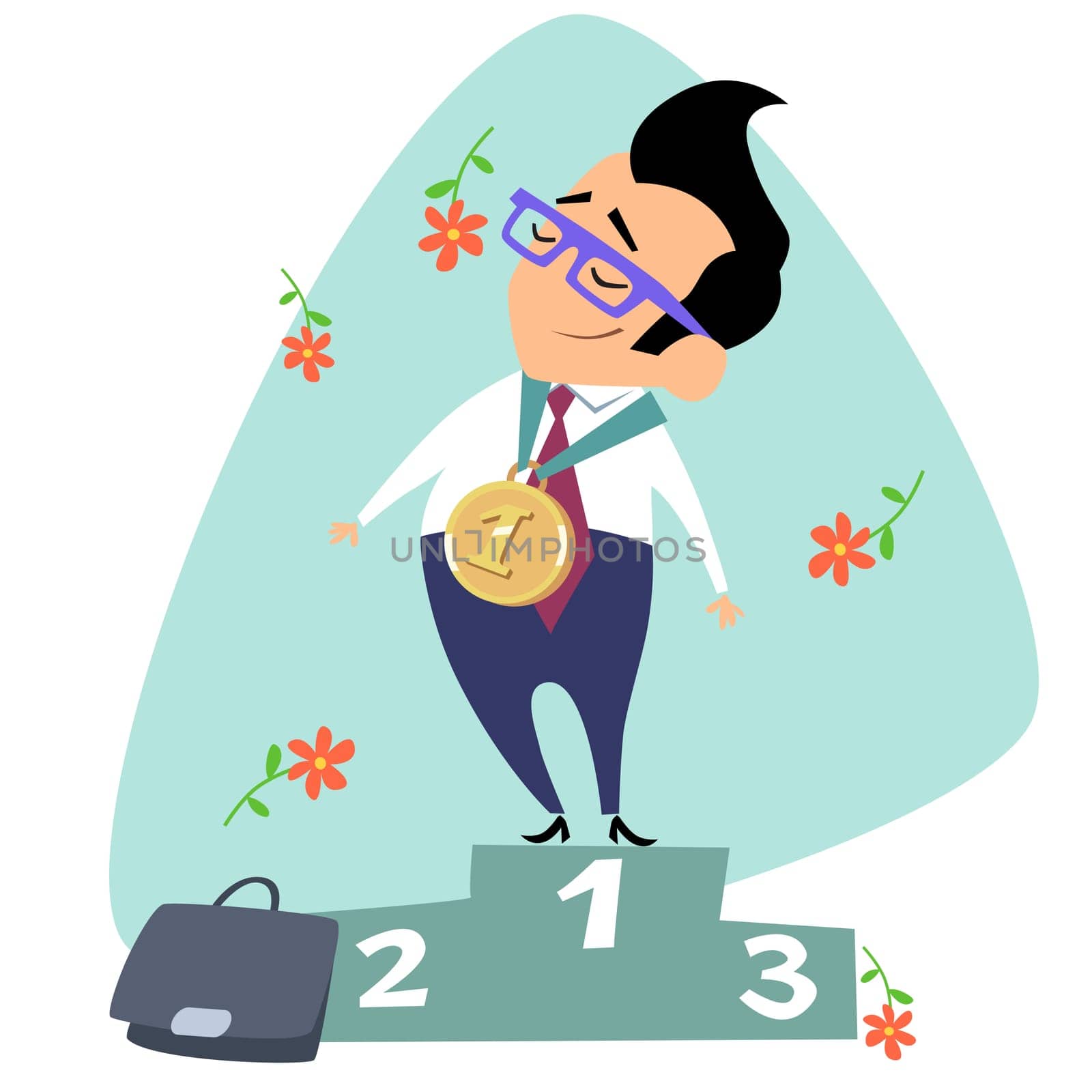 Businessman winner in the first place triumph. The image of business as a sport. Businessman in sports situations