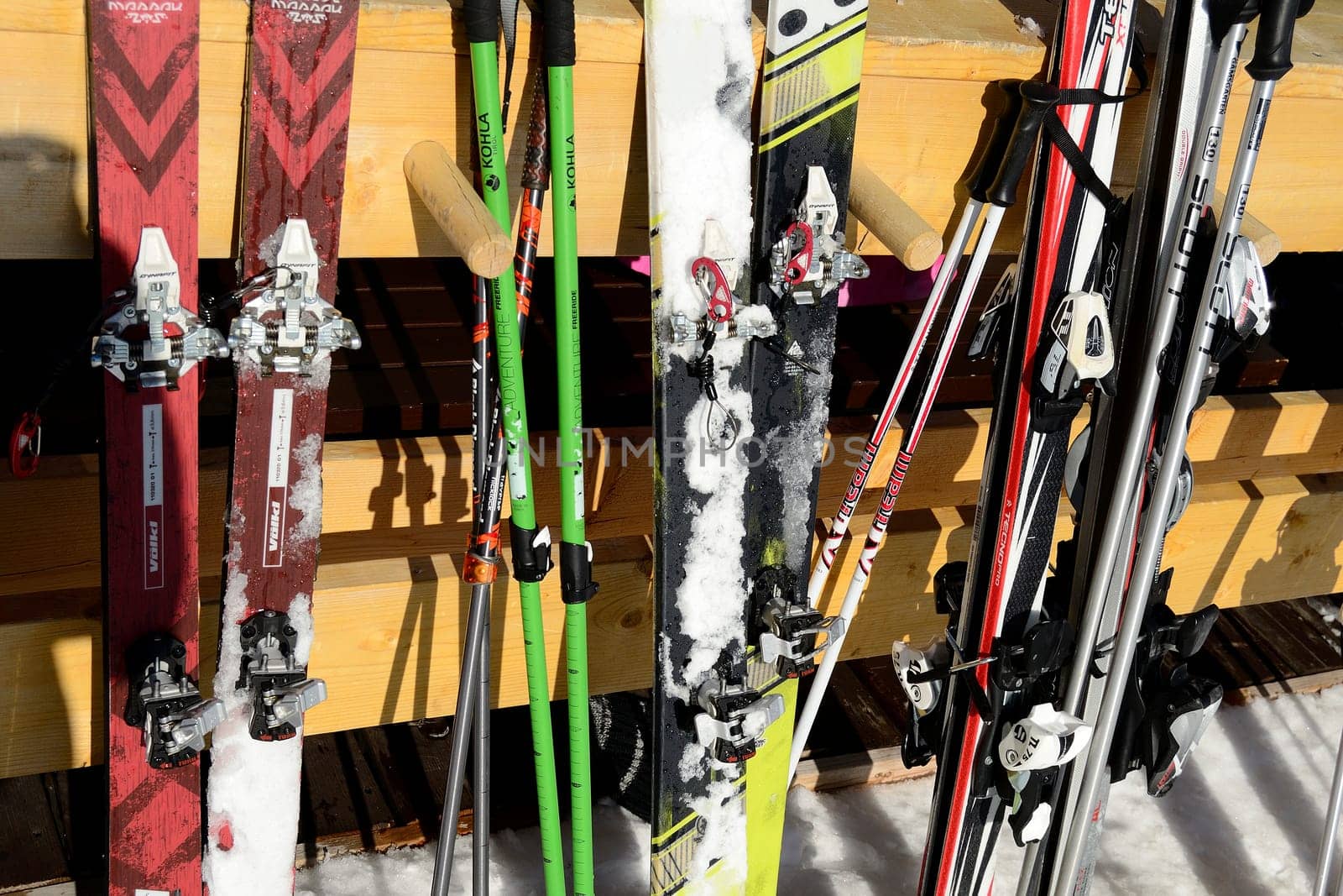Skis by mountain chalet