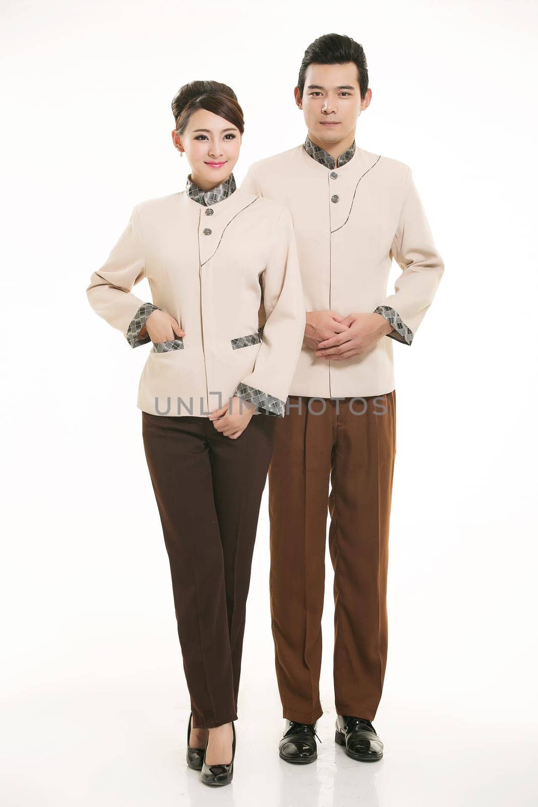 Wear clothing occupation Chinese waiters in white background