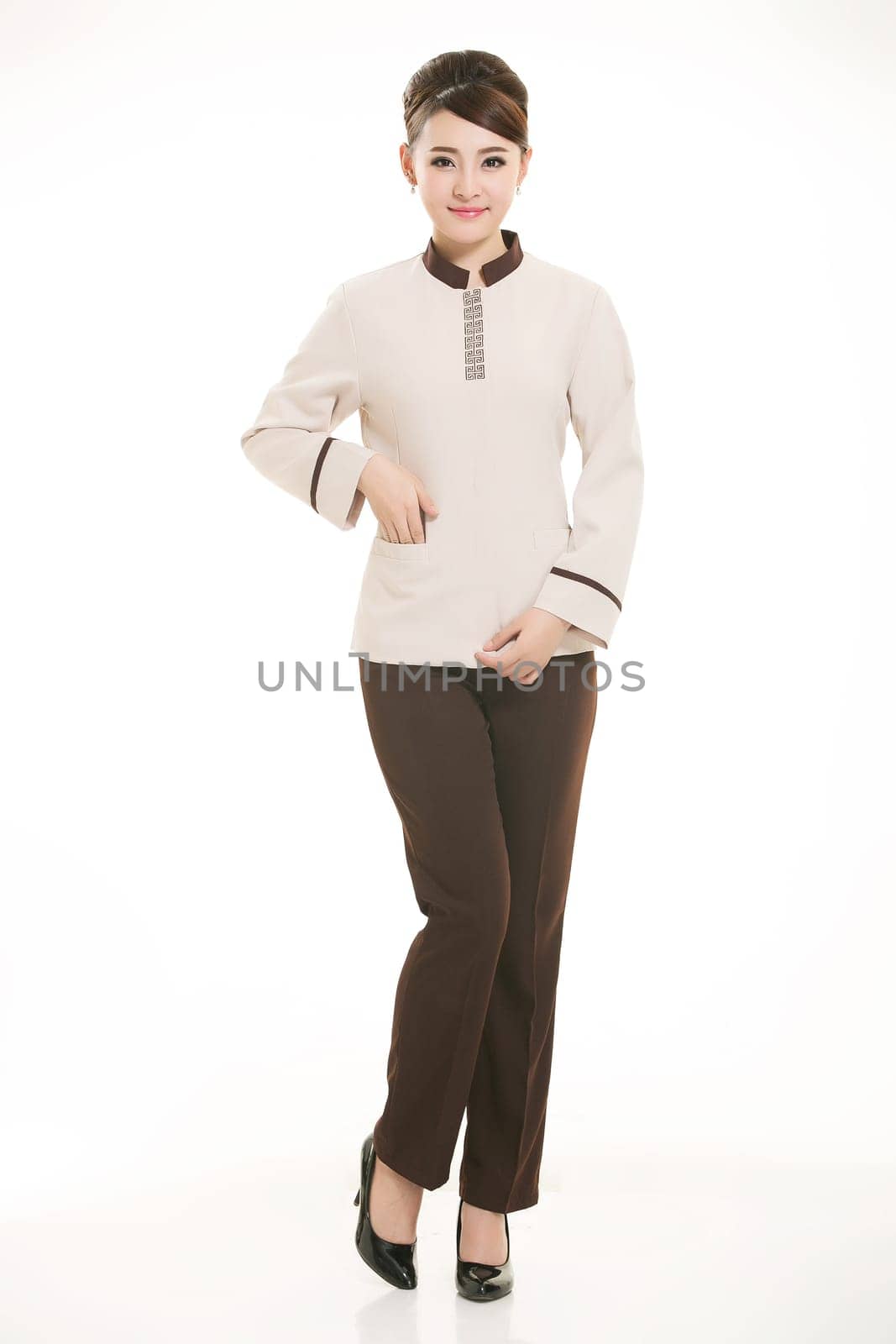 Wear clothing occupation Chinese waiters in white background