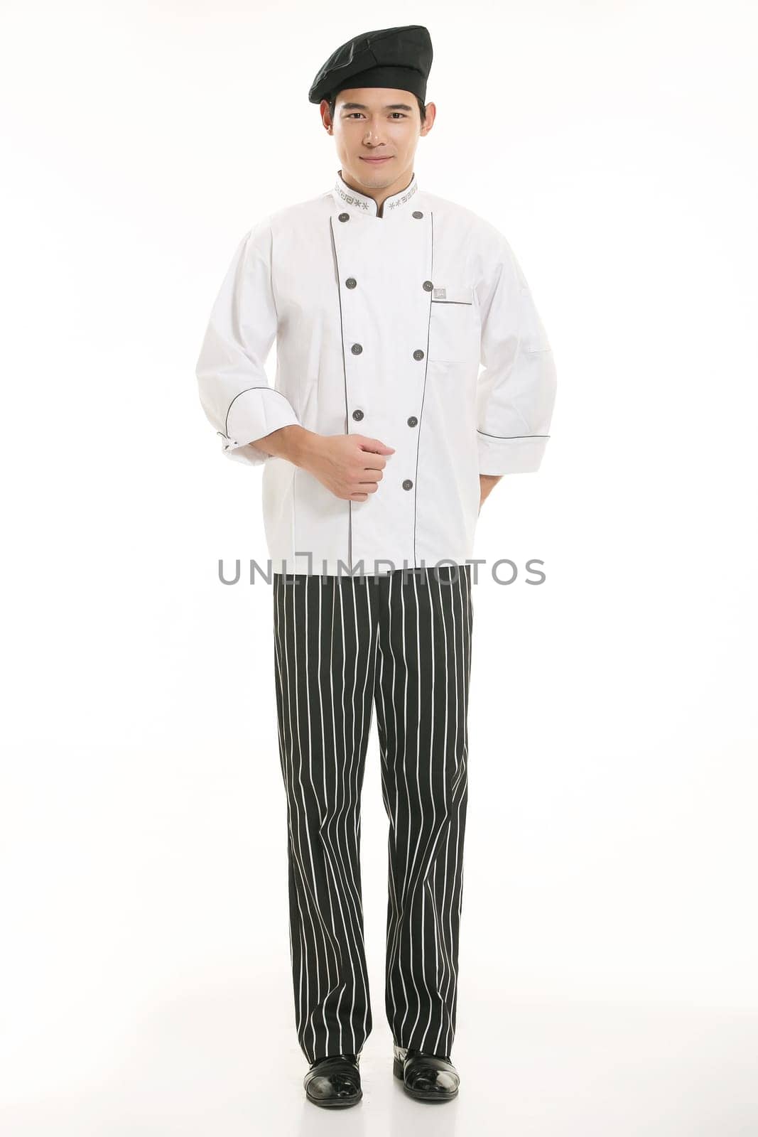 Wearing all kinds of clothing chef dietitian in front of white background