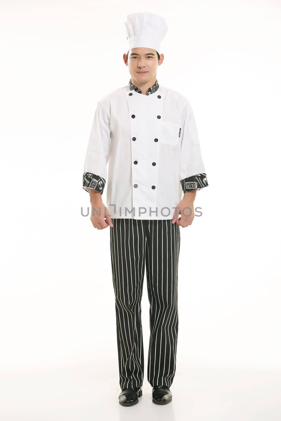 Wearing all kinds of clothing chef dietitian in front of white background