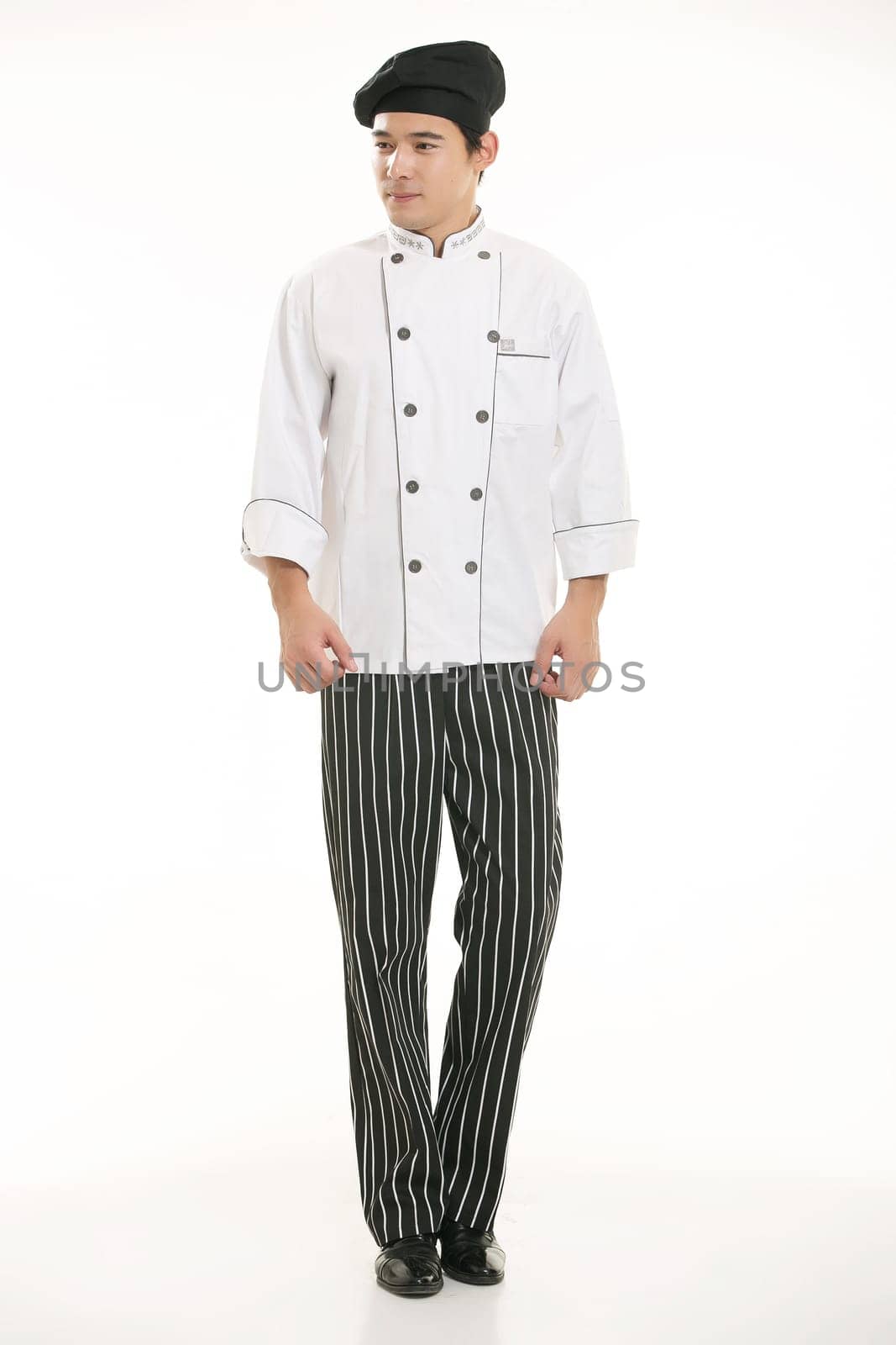 Wearing all kinds of clothing chef dietitian in front of white background