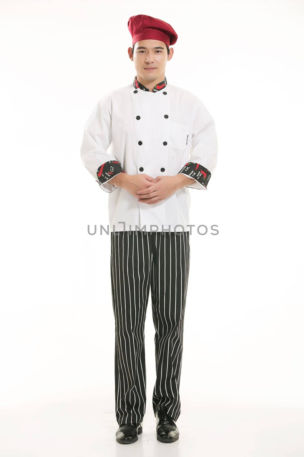 Wearing all kinds of clothing chef dietitian in front of white background