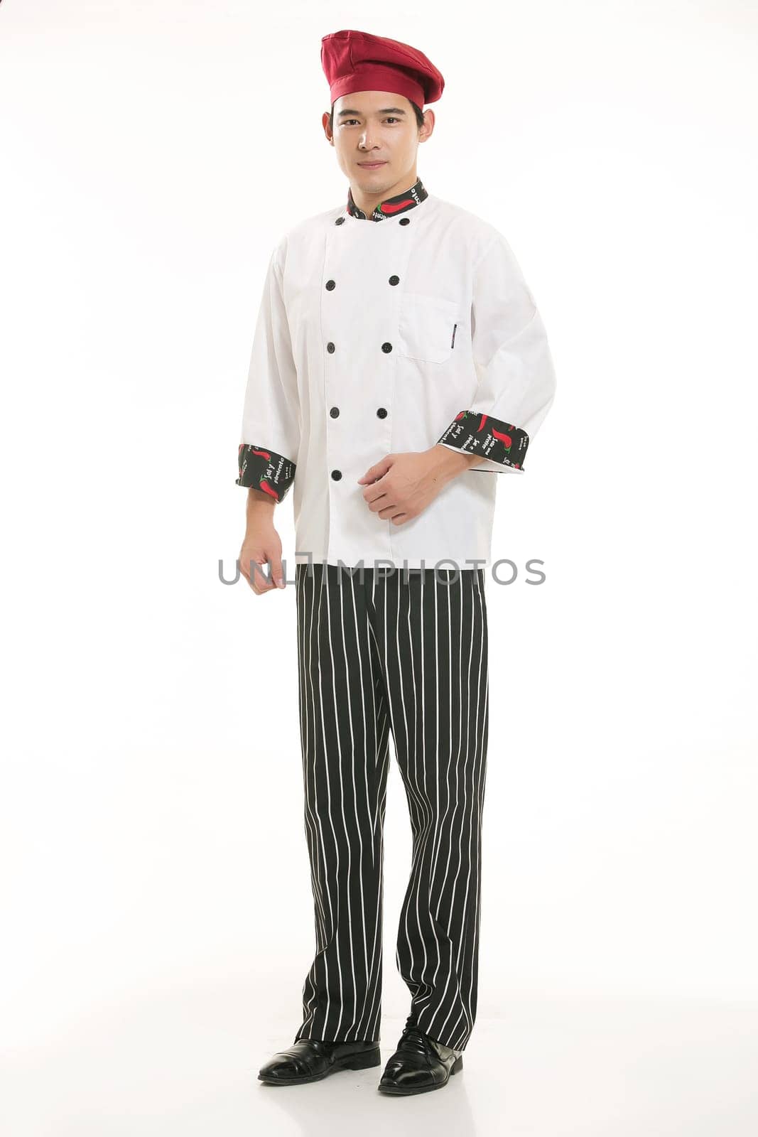 Wearing all kinds of clothing chef dietitian in front of white background