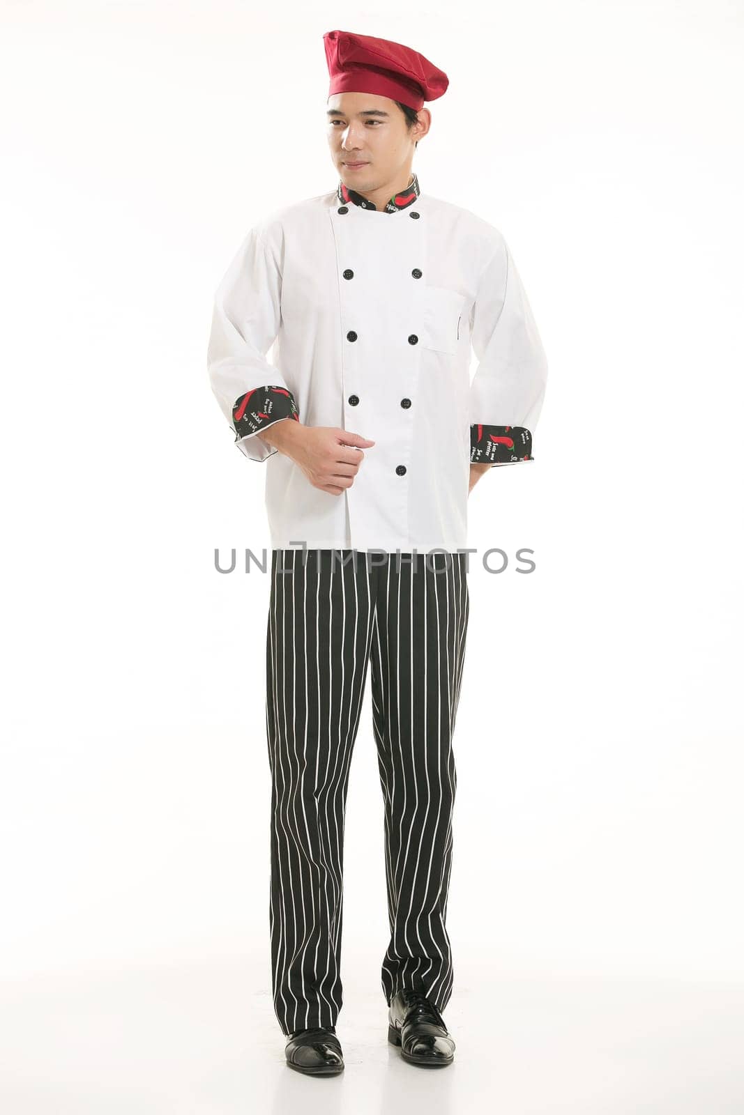 Wearing all kinds of clothing chef dietitian in front of white background