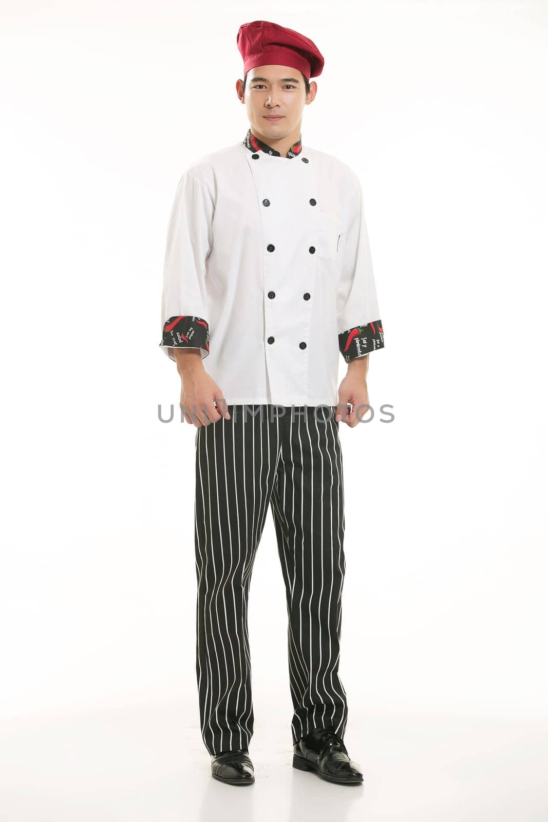 Wearing all kinds of clothing chef dietitian in front of white background