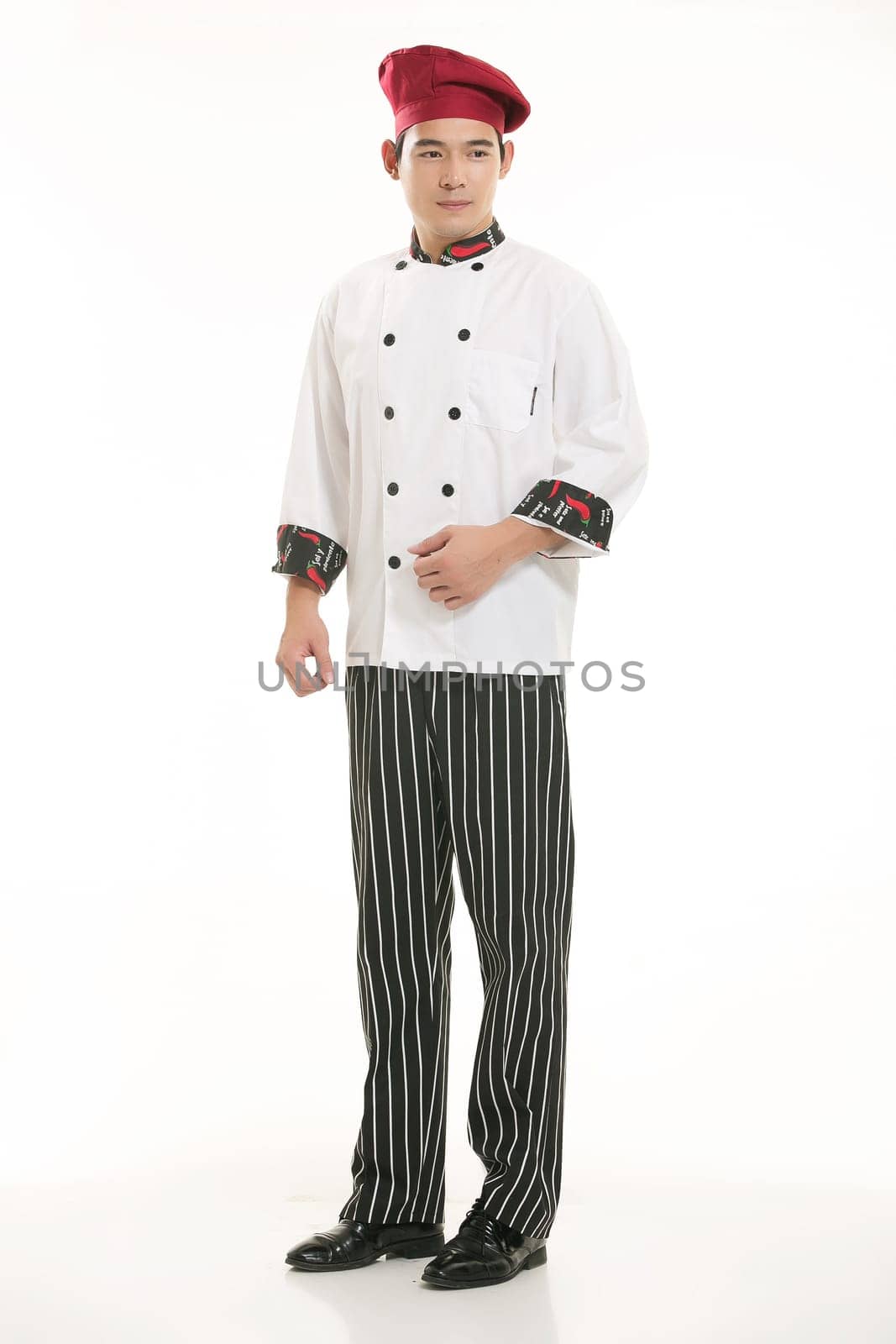 Wearing all kinds of clothing chef dietitian in front of white background