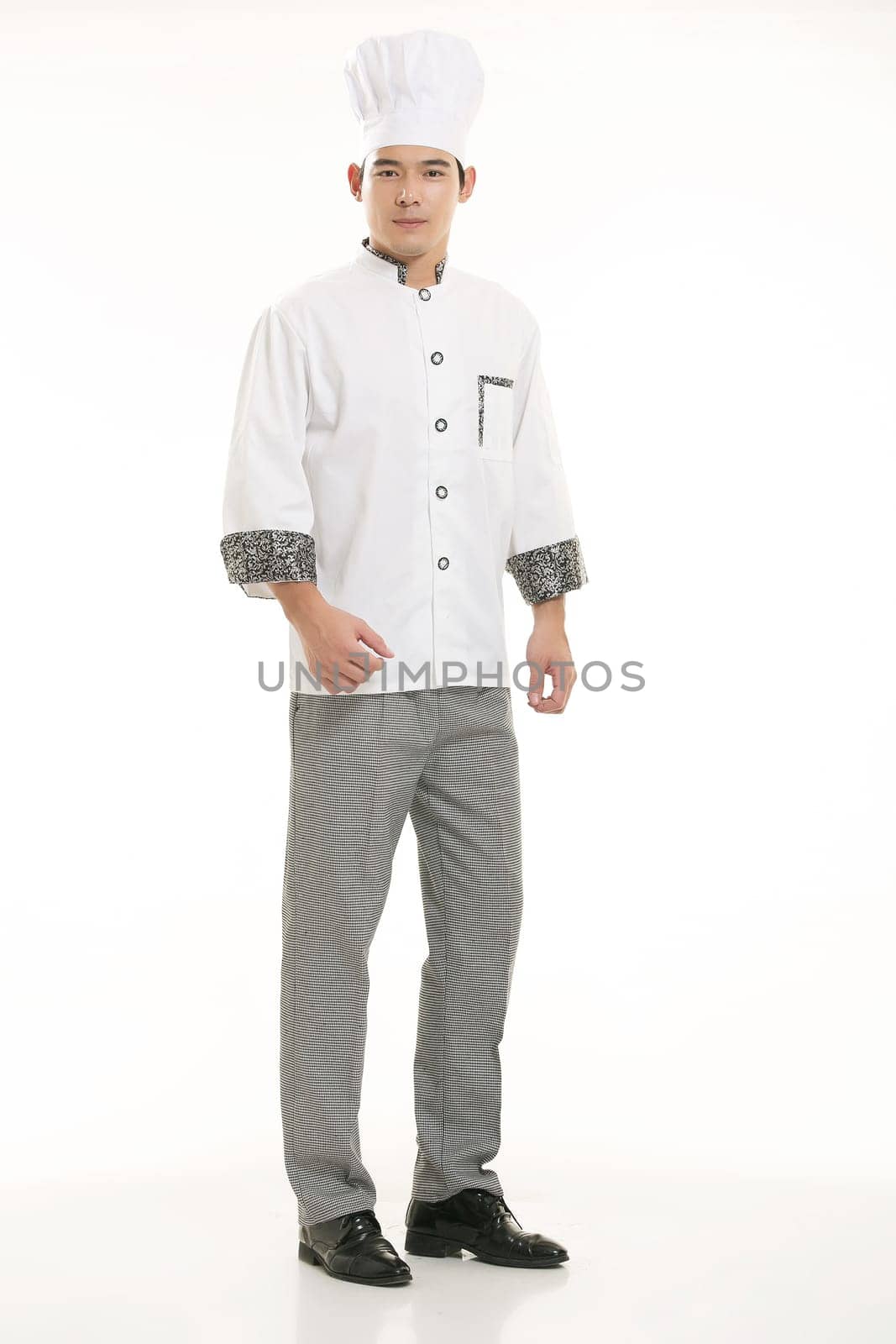 Wearing all kinds of clothing chef dietitian in front of white background